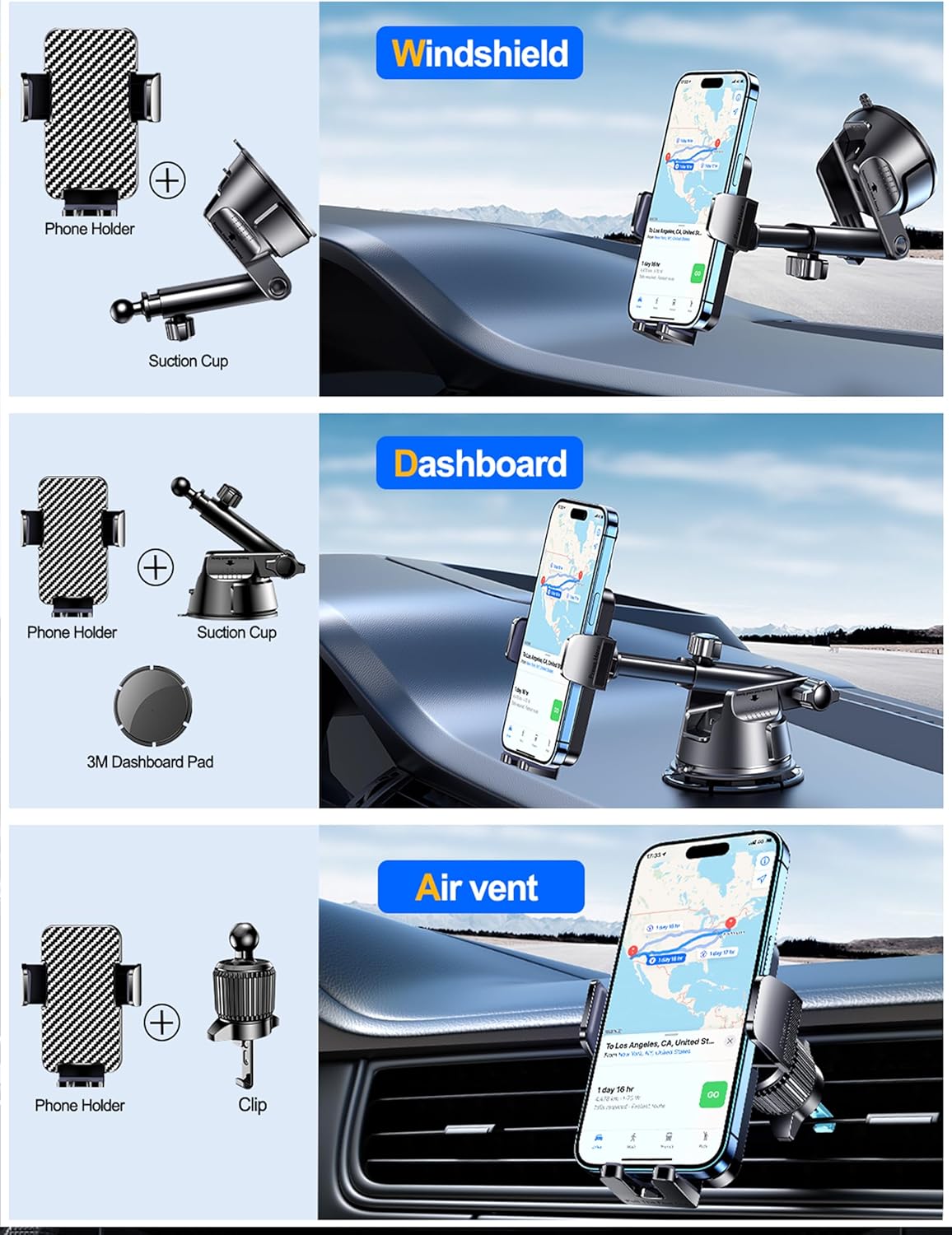 Qifutan Dash Mounted Holders Phone Holders for Your Car Phone Mount for Car Windshield Dashboard Air Vent Universal Desk Mounts Hands Free Automobile Cell Phone Holder Fit for iPhone Smartphone