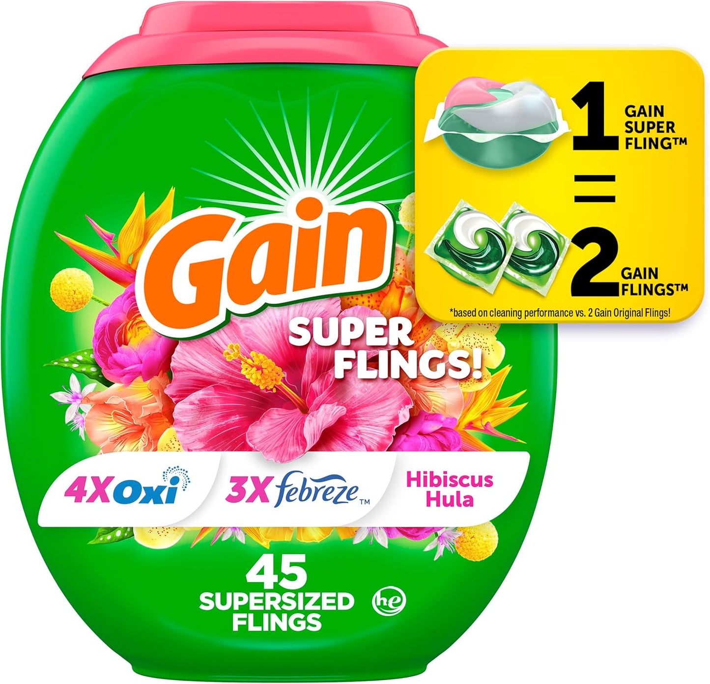 Gain Super Sized Flings Laundry Detergent Pacs with Hibiscus Hula Scent, Powerful Cleaning for Lasting Freshness, HE Compatible, 45 Count, Gain Laundry Detergent Pods