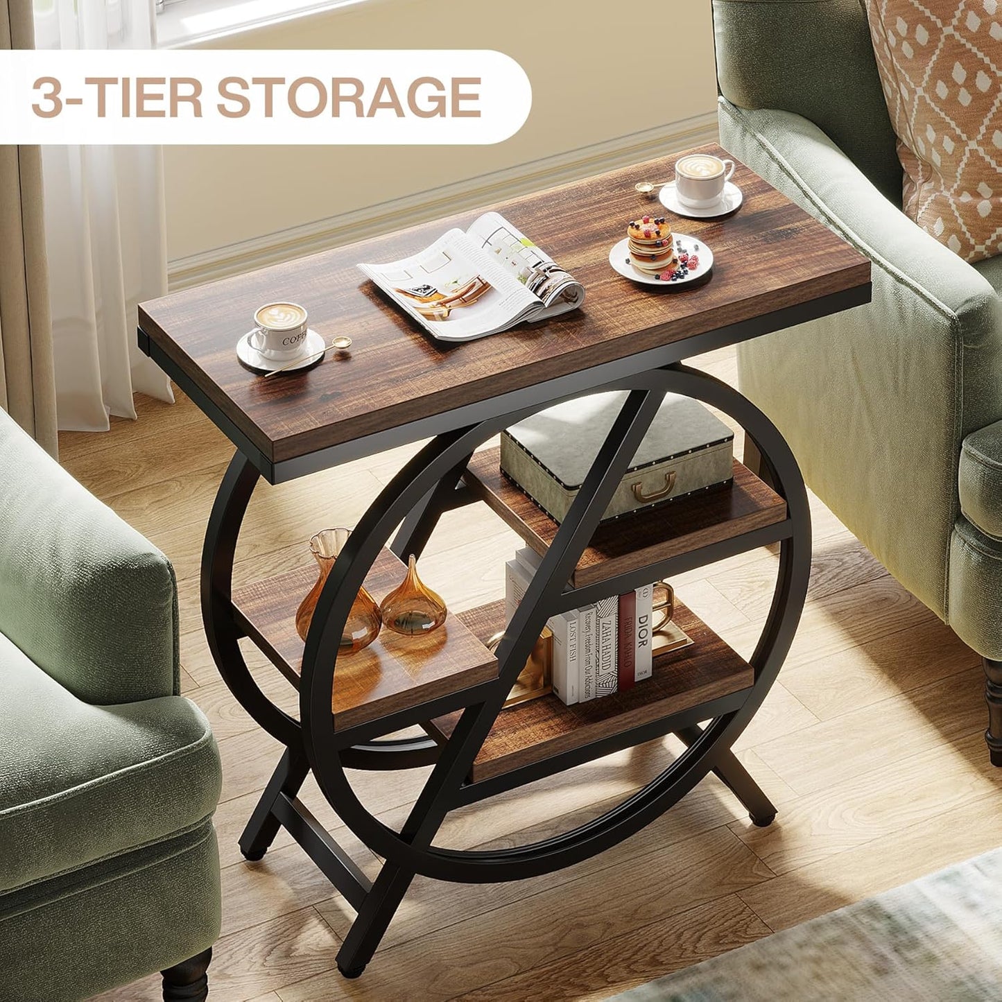 Tribesigns End Table for Living Room, 3-Tier Narrow Side Table with Storage, Wood Sofa Side Table with Geometric Metal Frame, Industrial Nightstand and Bedside Table for Bedroom
