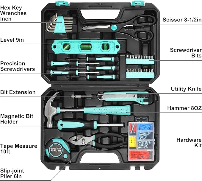 Basics Household Tool Kit With Storage Case, 142 Piece, Turquoise, 13.39 x 9.25 x 2.95 inch