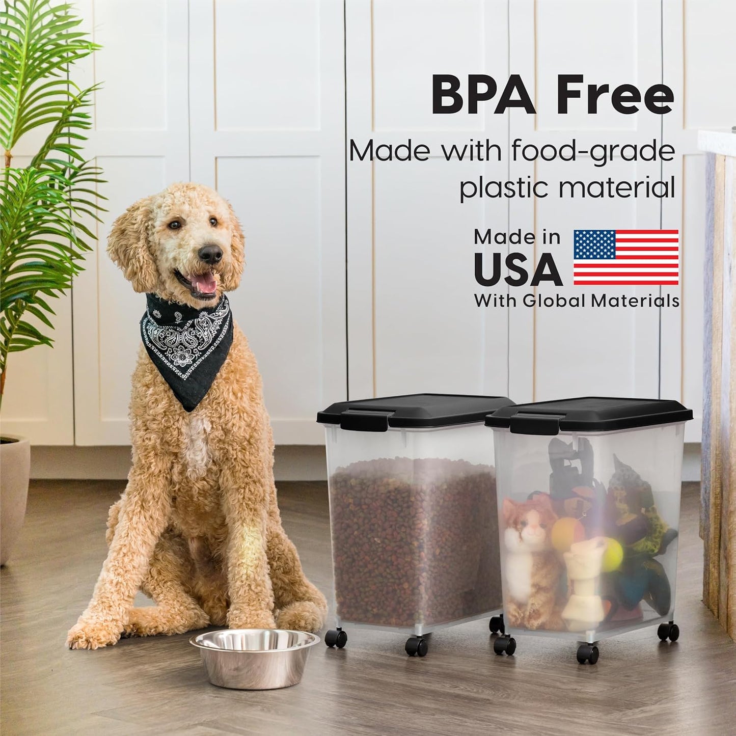 IRIS USA Dog Food Storage Container, 2 Pack, Up to 30 lbs Each, Airtight Seal for Freshness, Wheels for Rolling, Easy One Hand Opening, Made in USA, BPA Free, Clear/Black