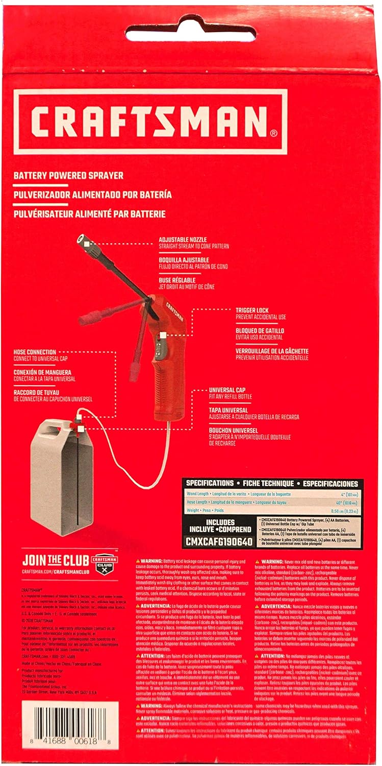 CRAFTSMAN Battery Powered Sprayer Wand (CMXCAFG190640) Easily Attaches to Most Ready to Use Chemical Bottles for Gardening, Lawn and Disinfecting