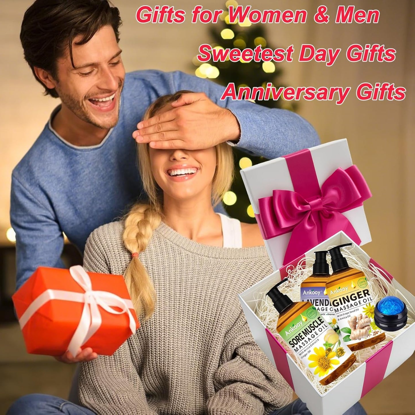 Valentines Day Gifts for Him & Her-3 Pack Massage Oil for Massage Therapy,Sore Muscle Arnica Oil & Relaxing Lavender Oil & Ginger Oil Lymphatic Drainage & Massage Ball,Valentines Gifts for Men Women