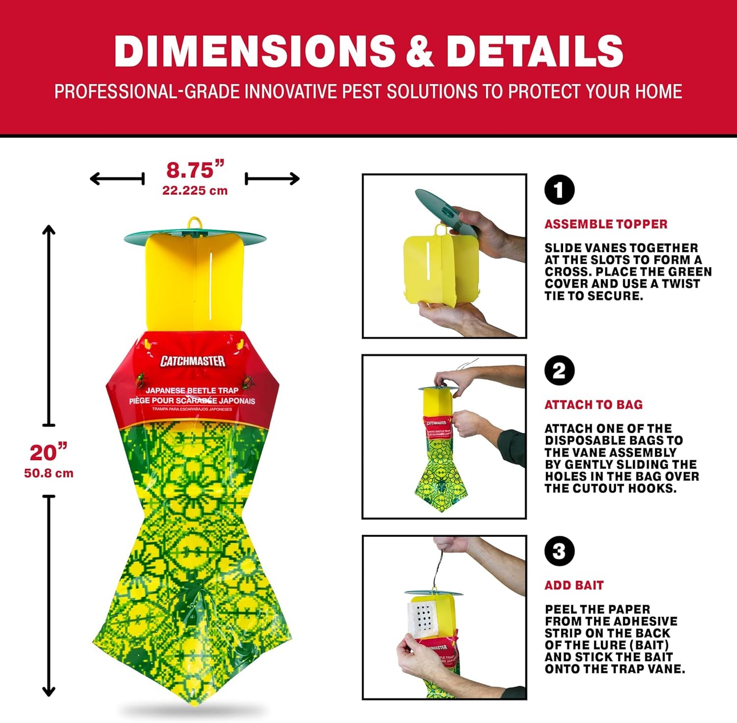 Catchmaster Japanese Beetle Traps Outdoor 3PK, Flying Insect Trap Bag with Lid & Dual Pheromone Food Lure, Hanging Bug Catcher Pest Control for Backyard & Garden, Plants, Trees, Vegetables & Flowers