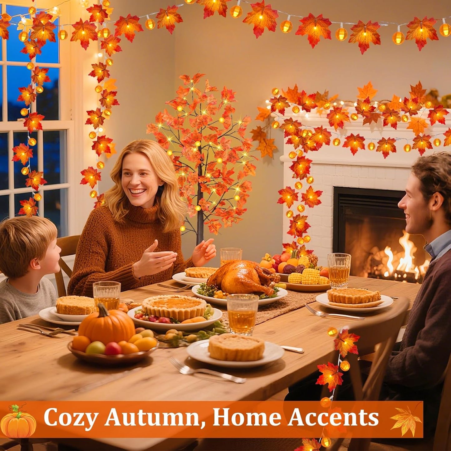 3 Pack Fall Garland with Pumpkin Lights & Enlarged Maple Fall Halloween String Lights Pumpkin Decor, 30Ft 60LED Waterproof Battery Operated Fall Decorations for Home Thanksgiving Decor Indoor Outdoor