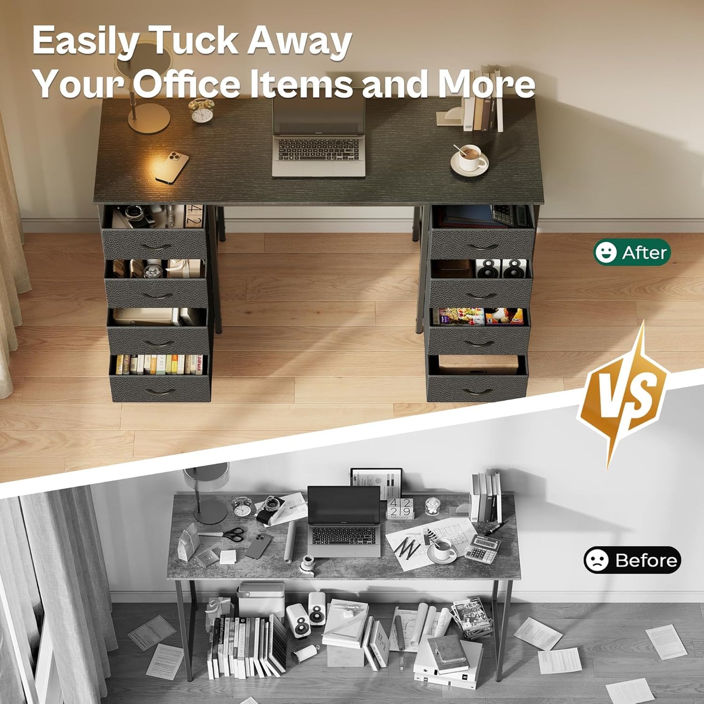 Huuger 47 Inch Computer Desk with 8 Fabric Drawers, Office Desk Work Desk for Home Office, Study, Gaming Desk with Drawers, Large Storage, Black