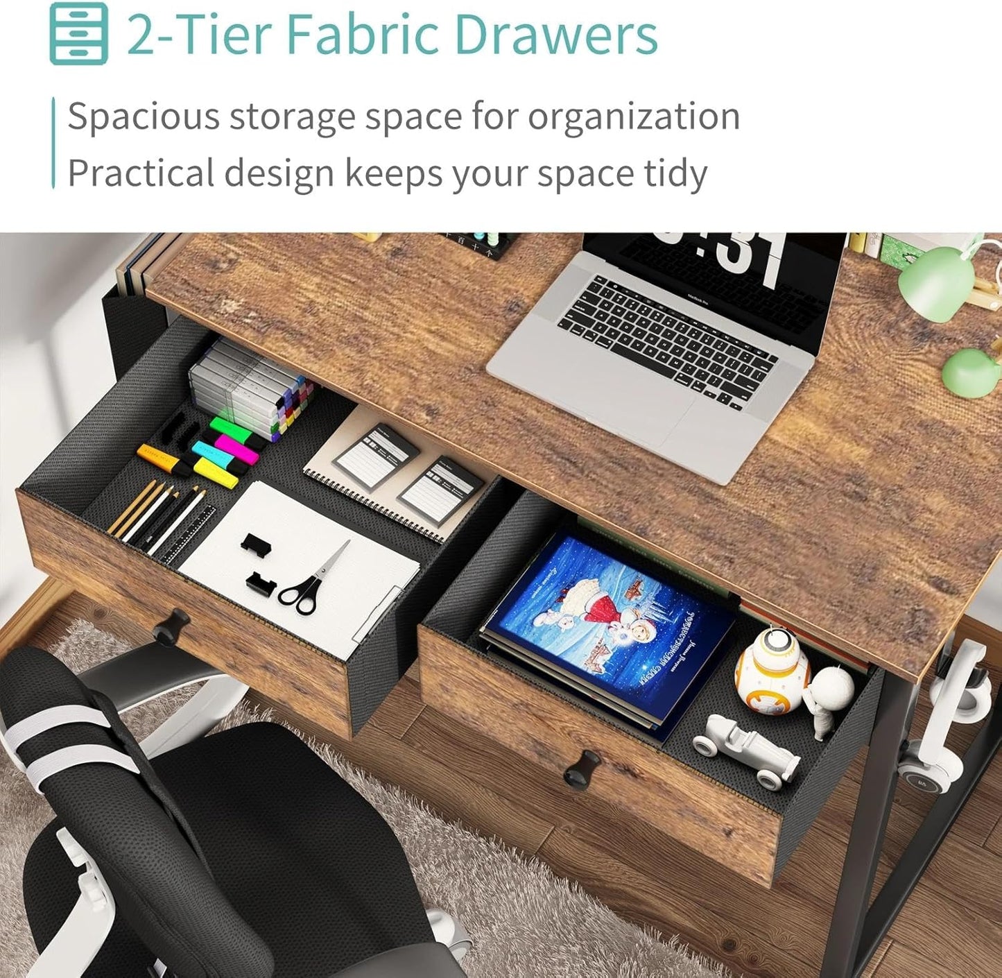 Lufeiya Small Computer Desk with 2 Drawers for Bedroom, 31 Inch Home Office Desk with Storage Fabric Drawer and Bag, Study Writing Table for Small Spaces, Rustic Brown