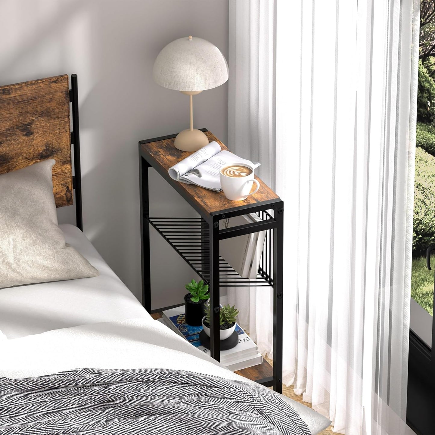 Small Side Table for Small Space, 3-Tier Narrow End Table with Magazine Holder,Slim Nightstand, Skinny Snack Couch Table in Living Room, Bedroom Study and Balcony (Rustic Brown &Black)