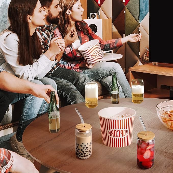 Drinking Glasses with Bamboo Lids and Glass Straw 4pcs Set - 16oz Glass Cups, Iced Coffee Glasses, Cute iced Tea Glasses, Beer Glasses, Ideal for Coffee Bar Accessories, Aesthetic Gift - 2 Brushes