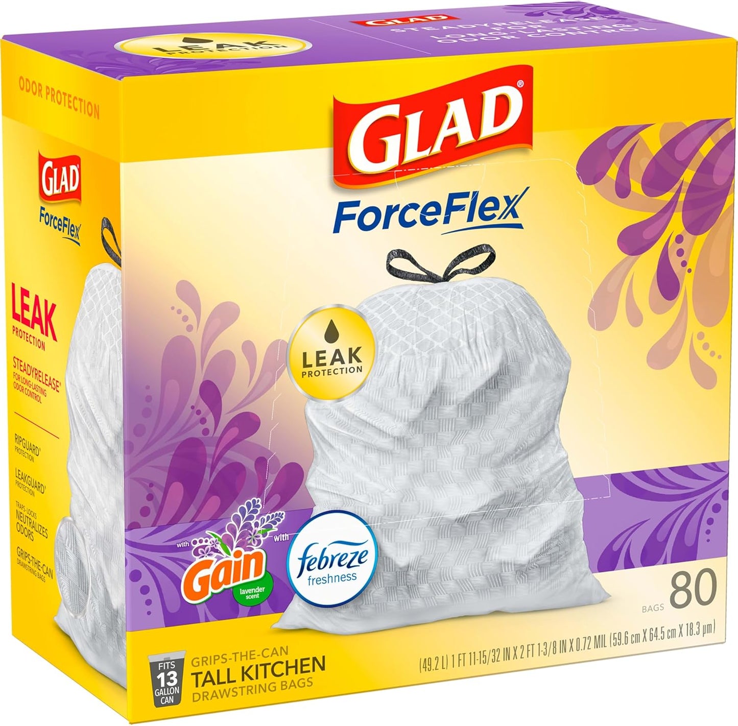 Glad ForceFlex Tall Kitchen Trash Bags, 13 Gal, Gain Lavender with Febreze, 80 Ct (Pack May Vary)