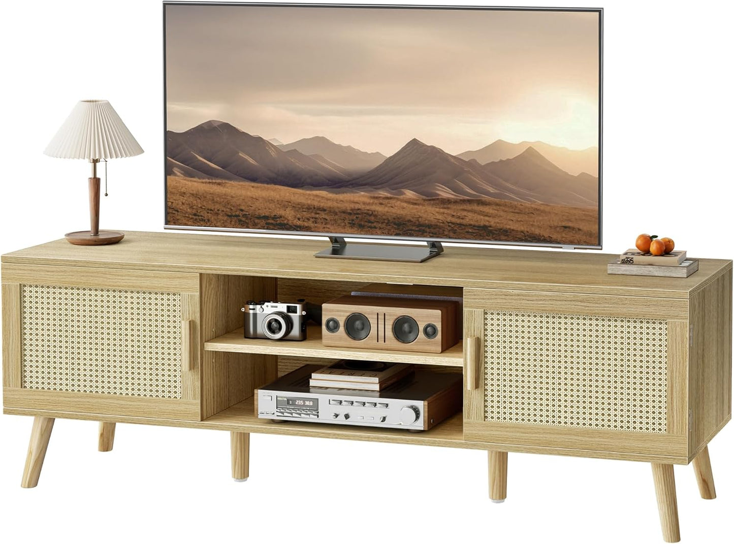 SUPERJARE Boho TV Stand for 65 Inch TV, Entertainment Center with Adjustable Shelf, Rattan TV Console with 2 Cabinets, Media Console, Solid Wood Feet, 4 Cord Holes, for Living Room - Natural, 8782T