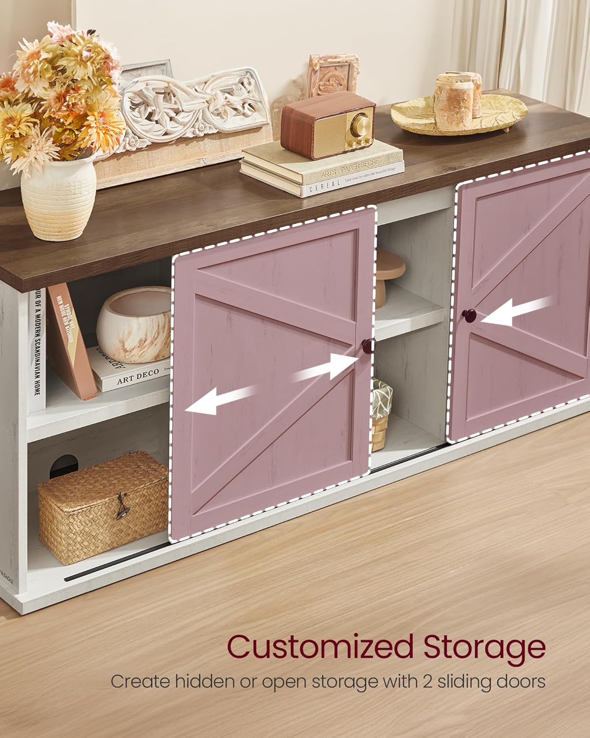 VASAGLE Farmhouse TV Stand for TVs up to 65 Inches, Entertainment Center with Storage Cabinets and Sliding Barn Doors, Media Console Table for Living Room, Rustic White and Honey Brown ULTV535W01