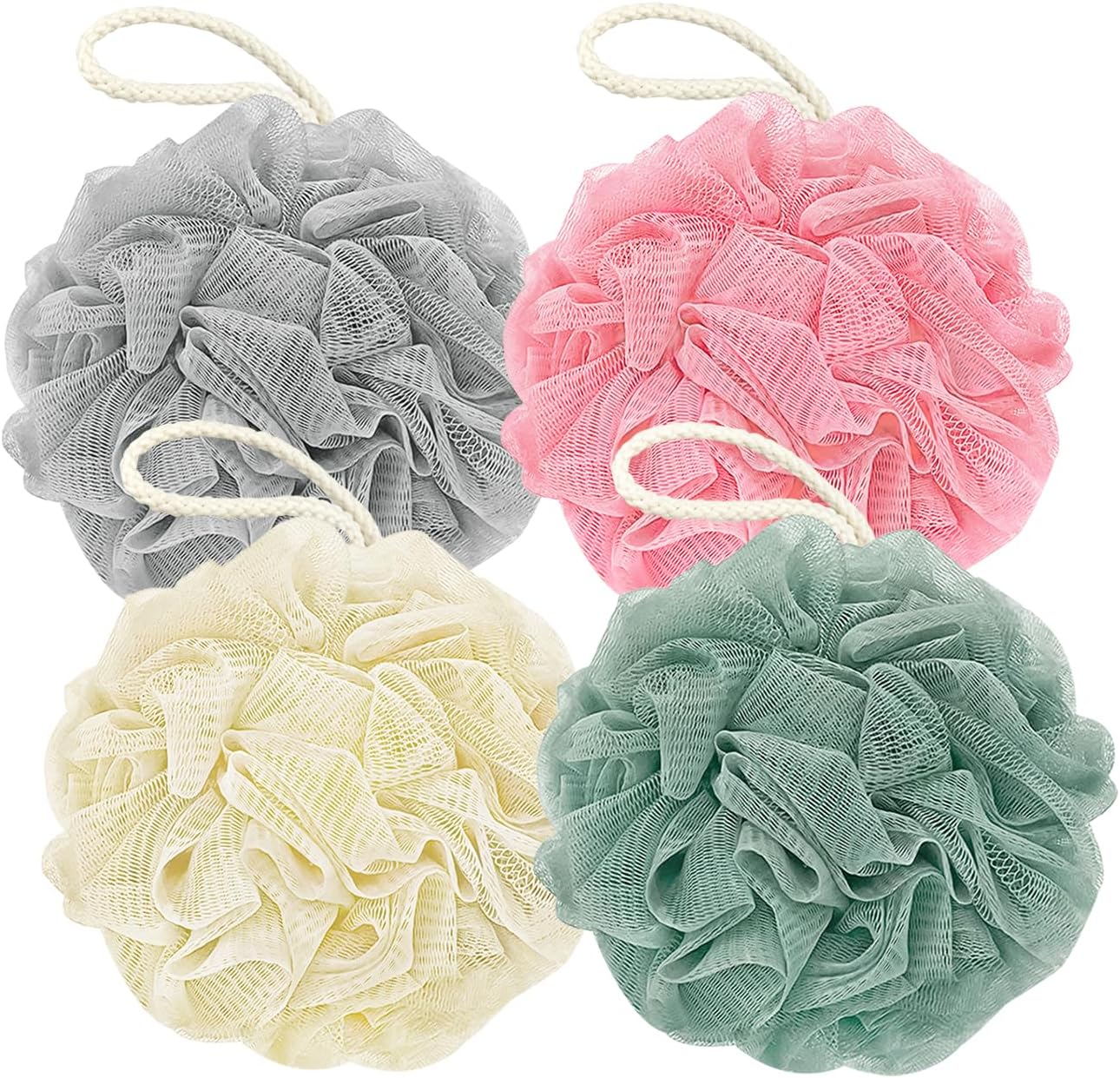 Shower Loofah Bath Sponge, 60G Loofah Exfoliating Body Scrubber, 4 Color Mesh Shower Pouf Balls for Body Wash (Ice Cream)