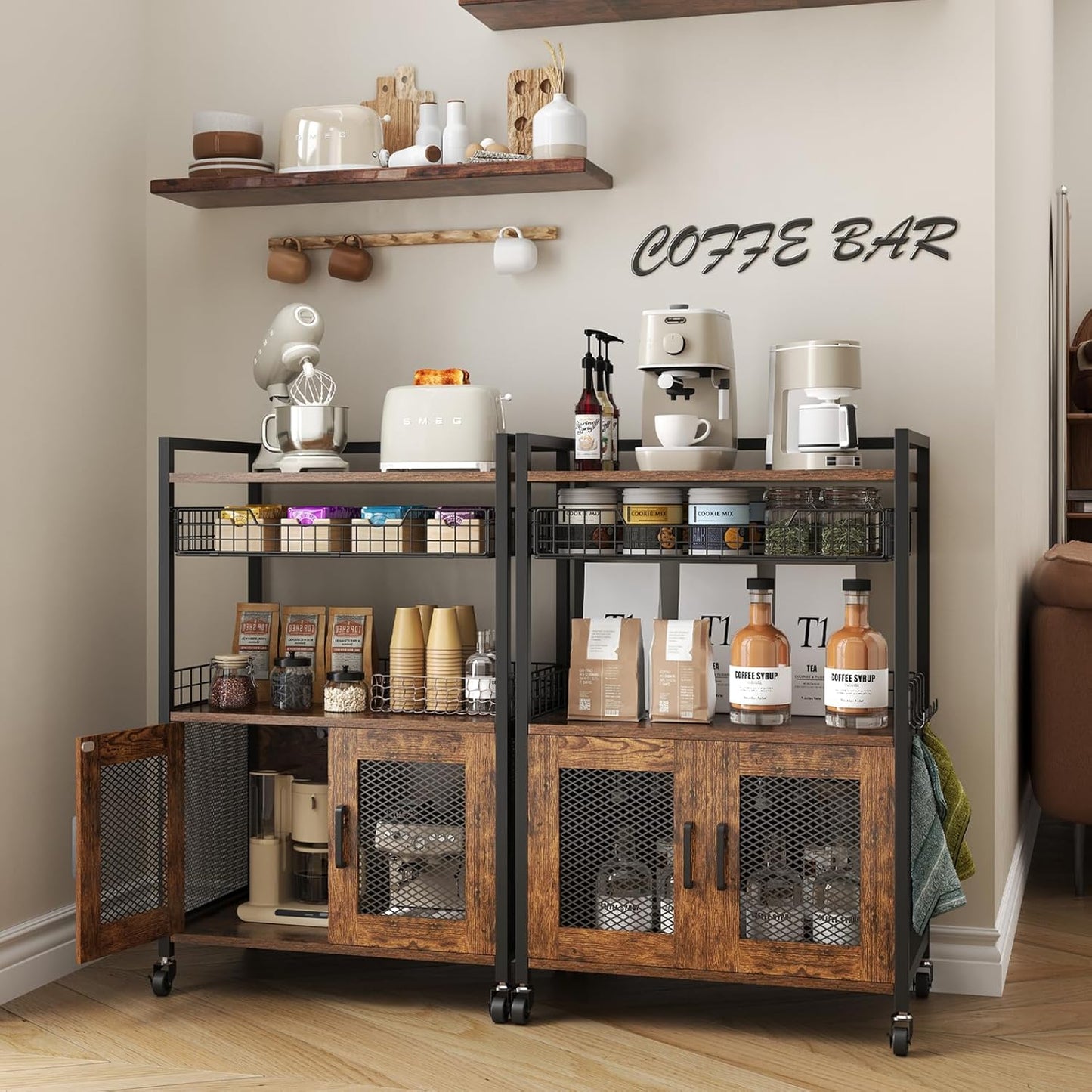Coffee Bar Cabinet, 3 Tier Coffee Station Table on Wheels, 35.9" H Bar Cart with Wire Basket Drawer & 5 Hooks for Home Kitchen, Liquor Buffet Sideboard Cabinet (Rustic Brown)