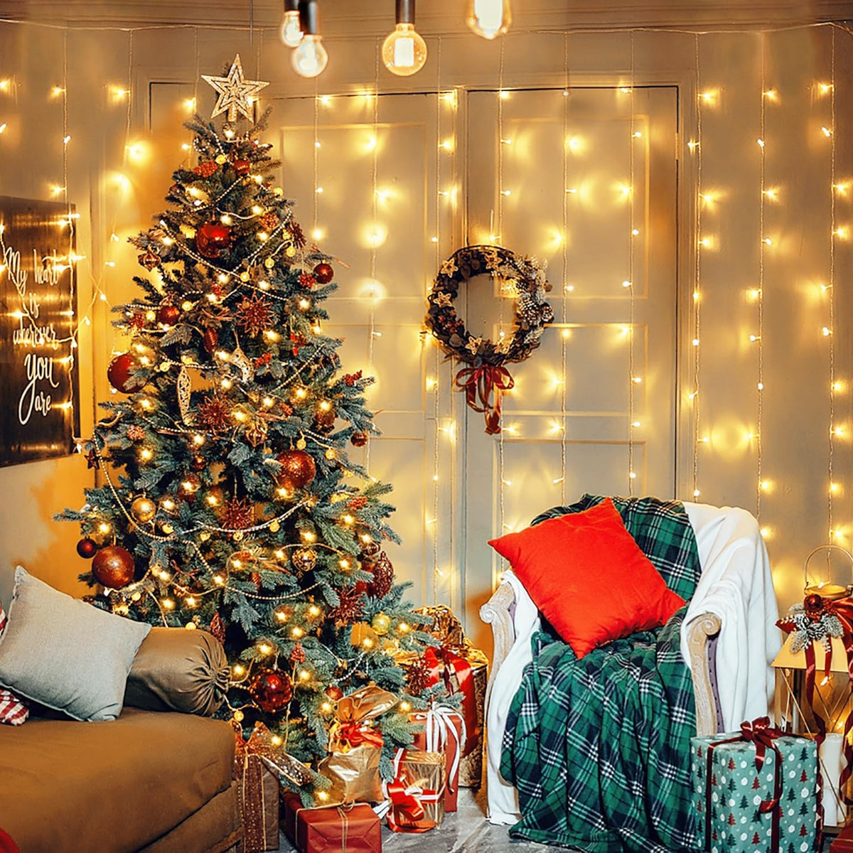 JMEXSUSS 300 LED Remote Control Christmas Curtain Lights, Plug in Fairy Curtain Lights Outdoor, Window Wall Hanging String Lights for Bedroom Backdrop Wedding Party Indoor Patio Xmas Decor, Warm White