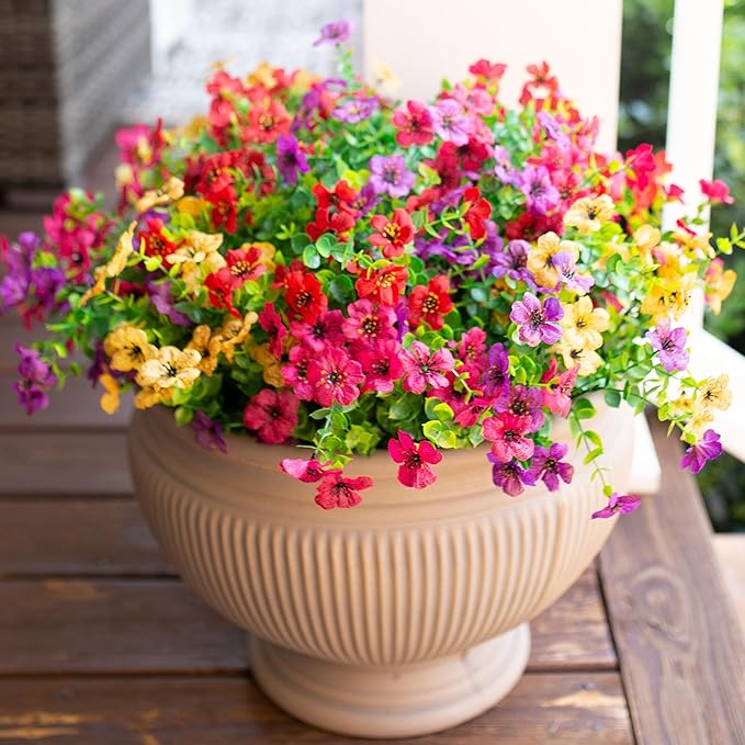 Artificial Flowers for Outdoor Indoor Garden Home Decoration, Faux Flower Daisy with Eucalyptus Leaves Fake Plants Greenery Boxwood Porch Patio, 12 Bundles (Mix Pink Red Purple Yellow) - Cart Shape