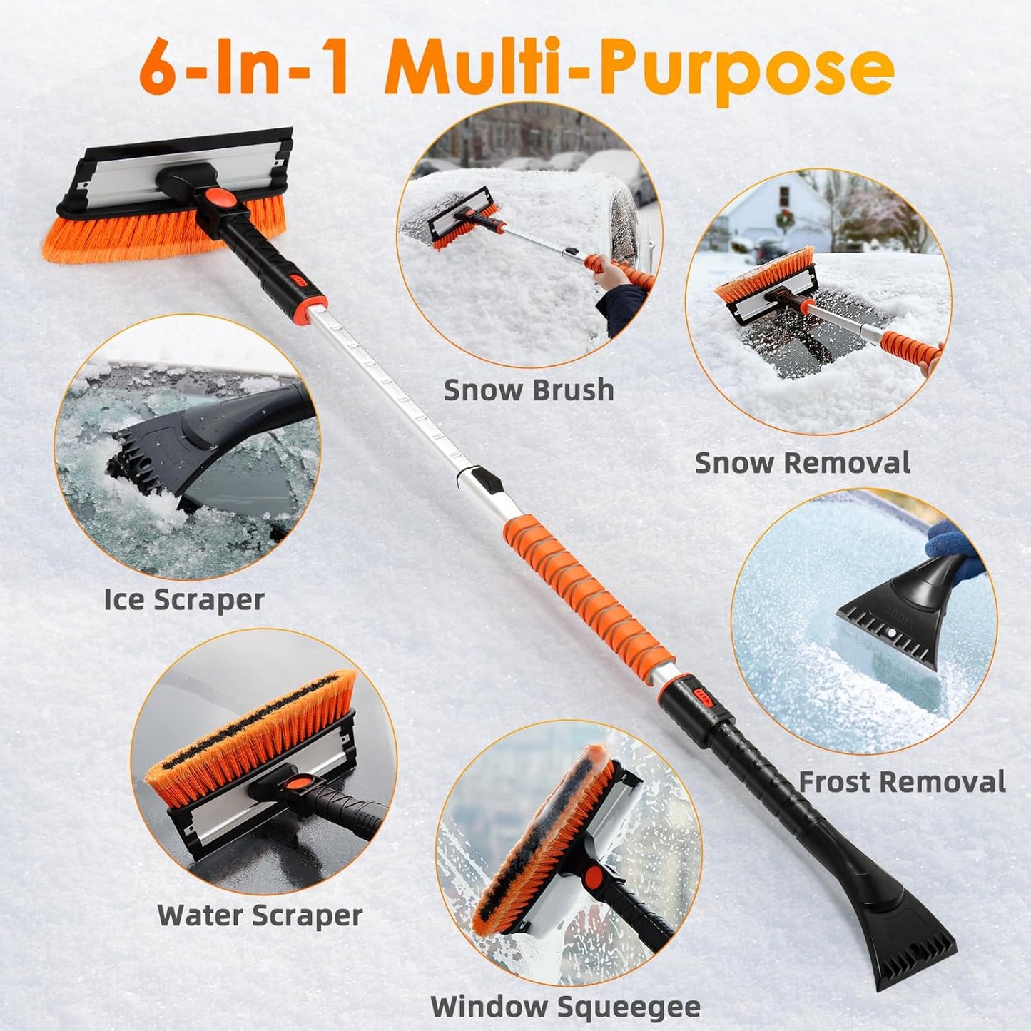 AstroAI 47.2" Ice Scrapers for Car Windshield, 3 in 1 Sturdy Snow Brush with Squeegee, 10 Adjustable Length Settings, Extendable Aluminum Handle, 180° Pivoting Snow Scraper for Car, Truck, SUV(Orange)