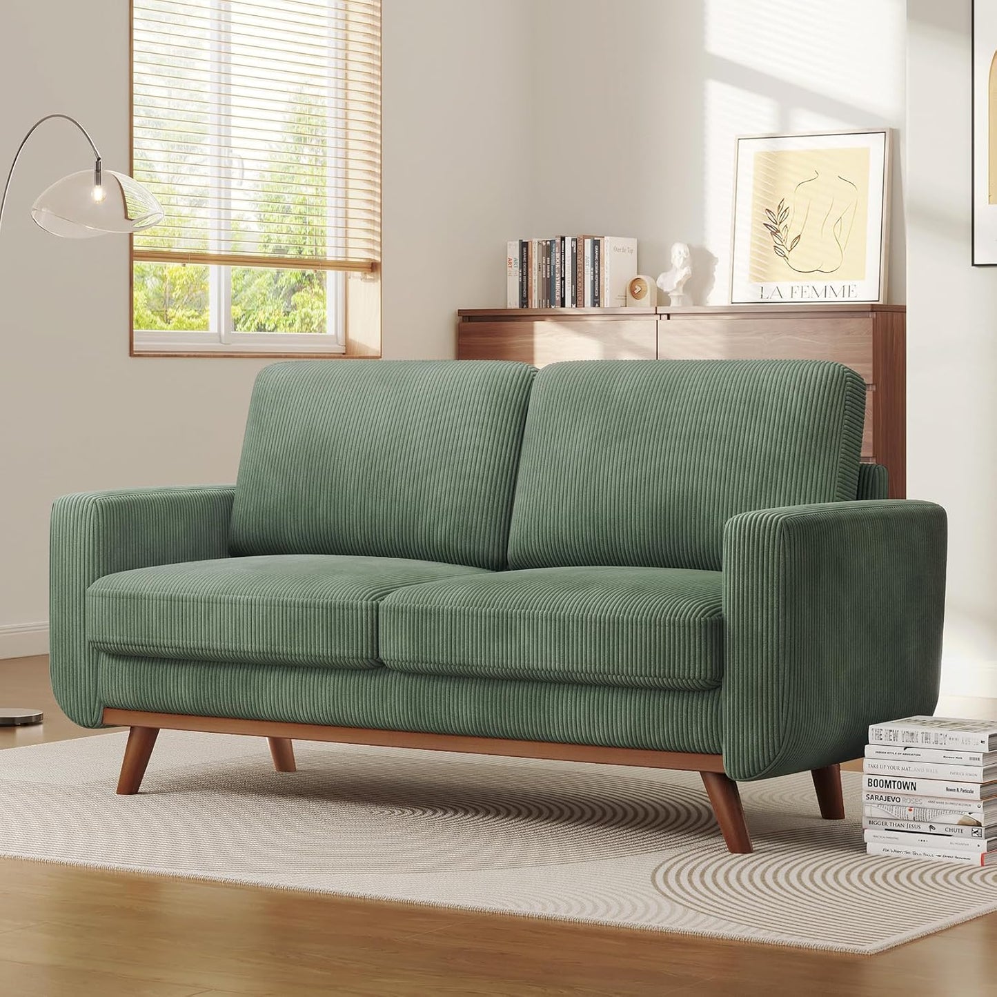 Vesgantti 68" Loveseat Sofa - Green, Comfy Corduroy with Spring Cushion, Solid Wood Frame, Modern Deep Seat, Bedroom & Living Room, Office Couch