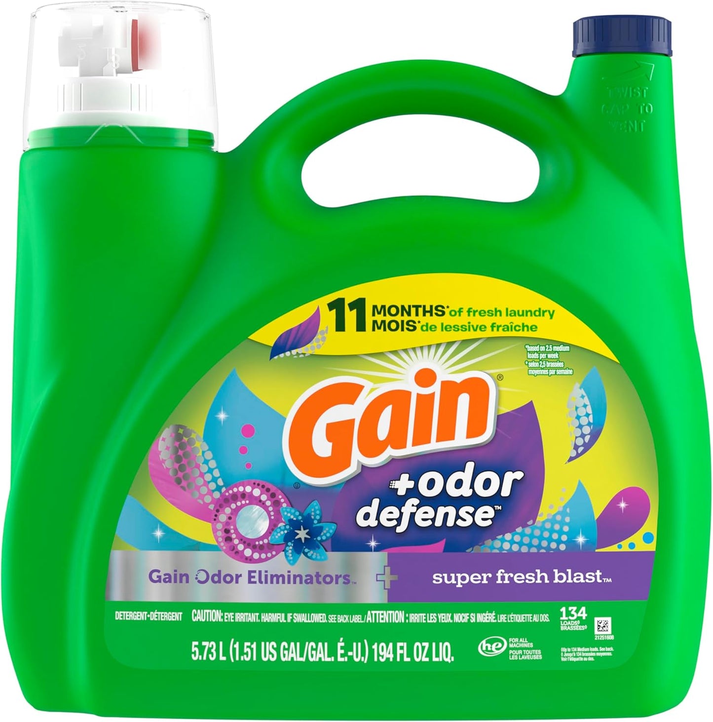 Gain Odor Defense Liquid Laundry Detergent, Super Fresh Blast Scent, 194 fl oz, 134 loads, 2 in 1, Laundry Detergent Liquid Soap, HE compatible