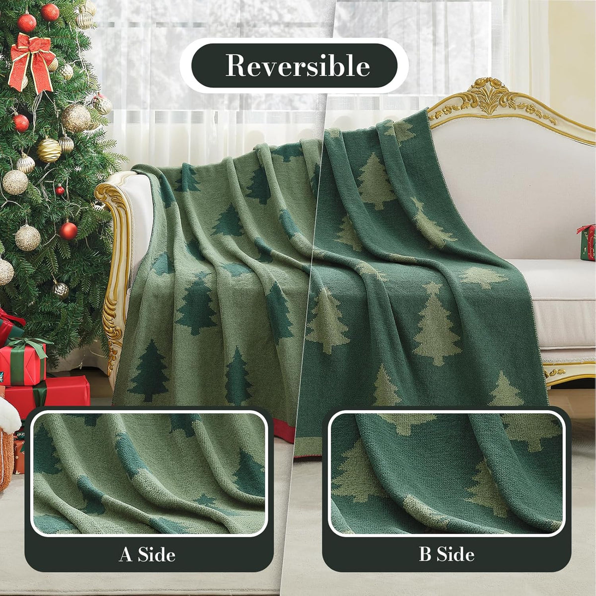 Amélie Home Christmas Throw Blanket for Couch, Reversible Pattern Christmas Tree Themed, Chenille Knit Xams Soft Cozy for Bed Home Decor Gift for Family, 50" x 60", Christmas Tree