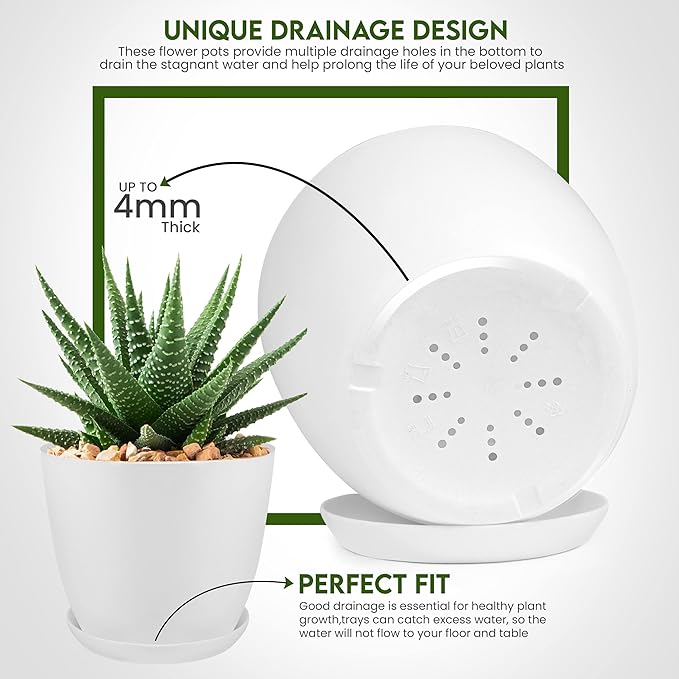 Utopia Home - Plant Pots Indoor with Drainage - 7/6.6/6/5.3/4.8 Inches Garden Flower Pots for Indoor Planter - 5 Pack White Plastic Planters - Ideal for Stocking Stuffers or Room, Office Home Decor