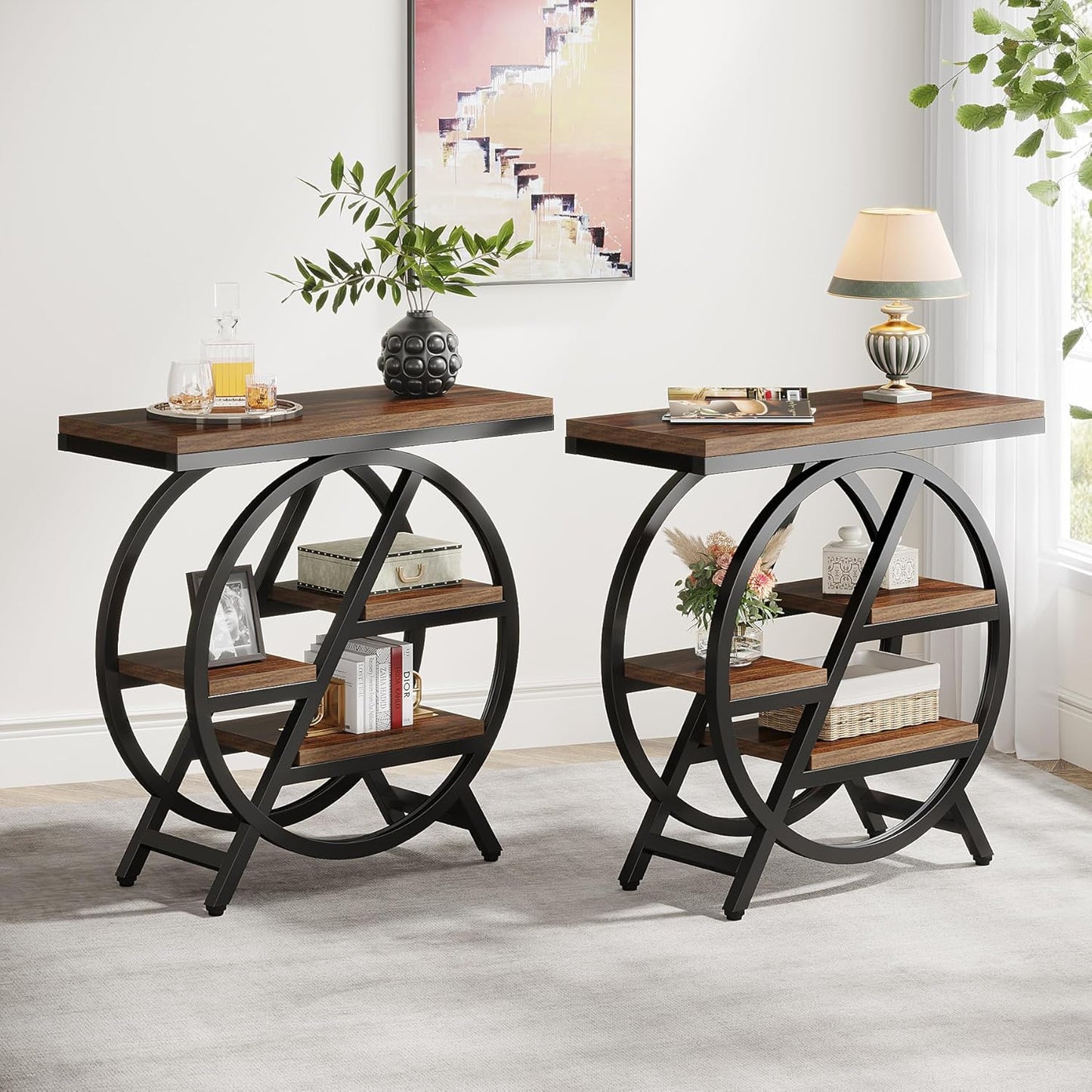 Tribesigns End Table for Living Room, 3-Tier Narrow Side Table with Storage, Wood Sofa Side Table with Geometric Metal Frame, Industrial Nightstand and Bedside Table for Bedroom