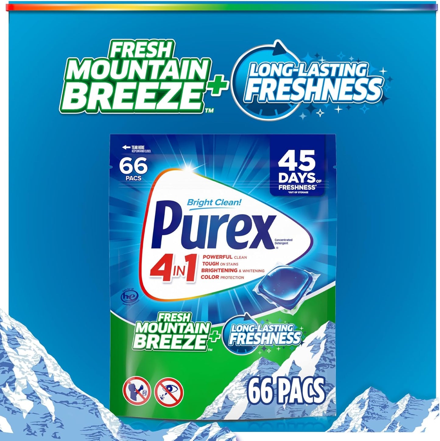 Purex 4-in-1 Laundry Detergent Pacs, Fresh Mountain Breeze, 66 Pacs