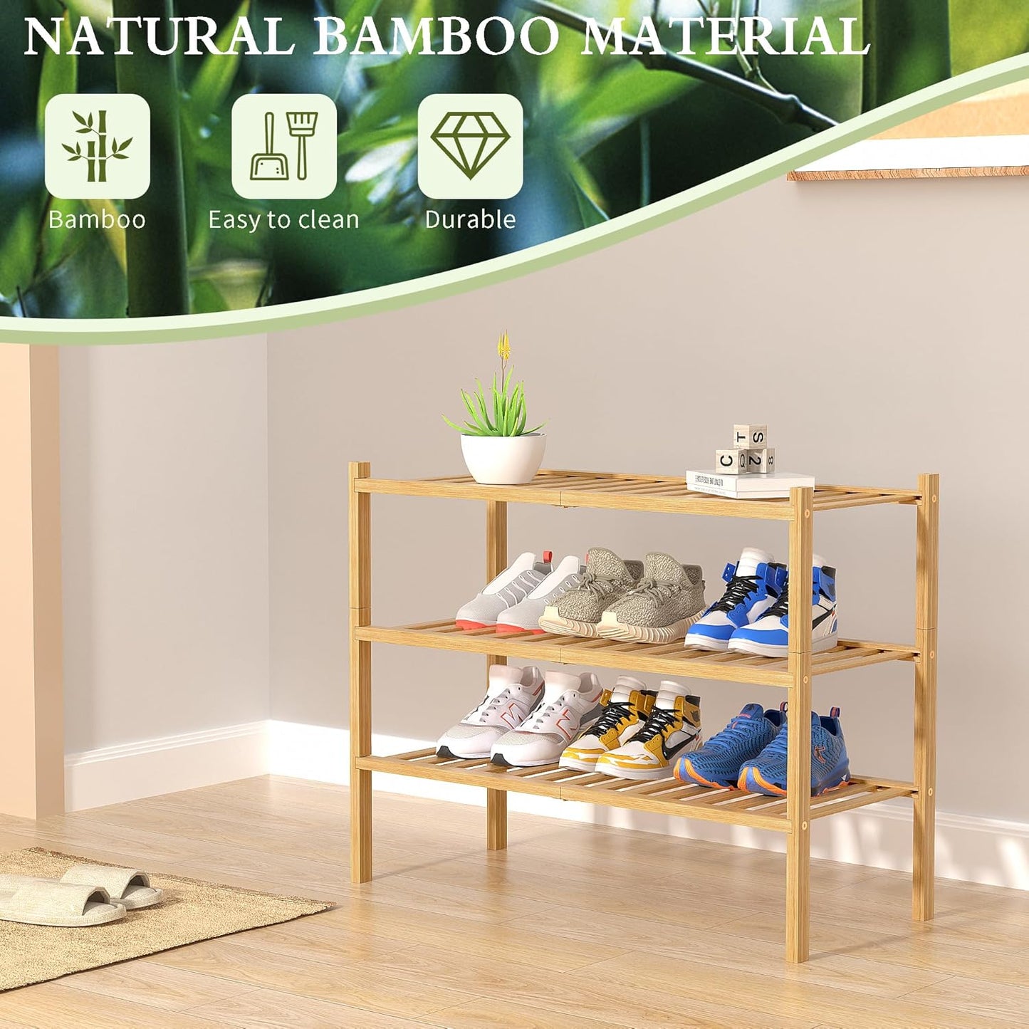3-Tier Bamboo Shoe Rack Organizer for Entryway & Closet – Stackable Freestanding Shoe Shelf, Eco-Friendly