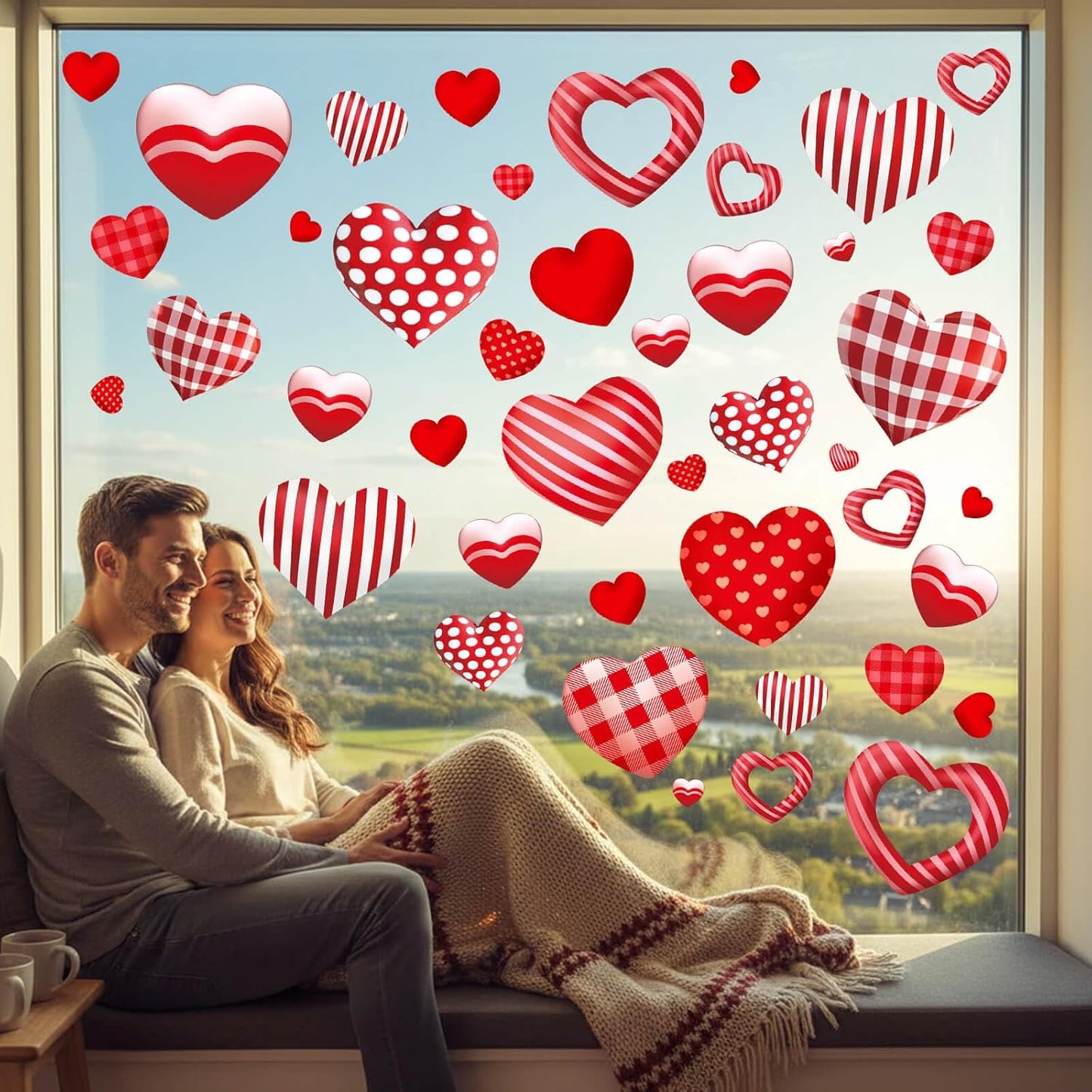 9 Sheets Valentines Day Window Clings Decor, Cute Heart Stickers for Galentines Day Decorations, Decals for Home Office Glass Windows