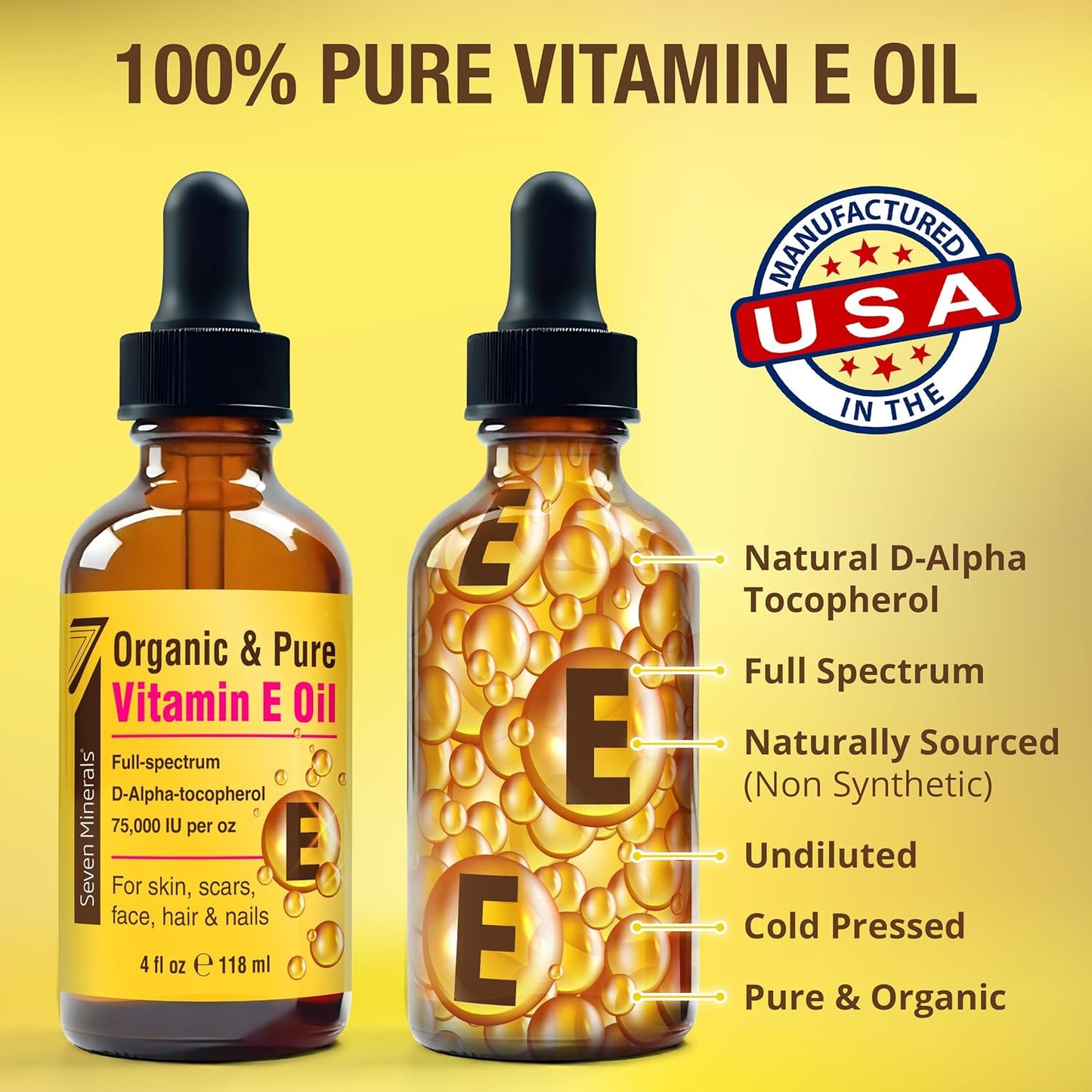 Seven Minerals Ultra Pure Vitamin E Oil - 75,000 I.U. Full-Spectrum D-Alpha Tocopherol, 1 Fl Oz - 100% Organic Vitamin E Oil for Skin, Face, Hair, and Scars - Naturally Occurring = Not Synthetic