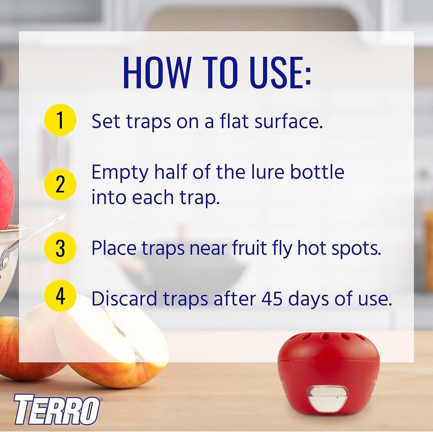 TERRO Fruit Fly Traps for Indoors (4 Pack) + 180 Days of Lure Supply - T2503SR - Lure and Kill Indoor Fruit Flies Near Fruit, Trash Cans, Countertops - Ready to Use Trap - 180 Day Supply
