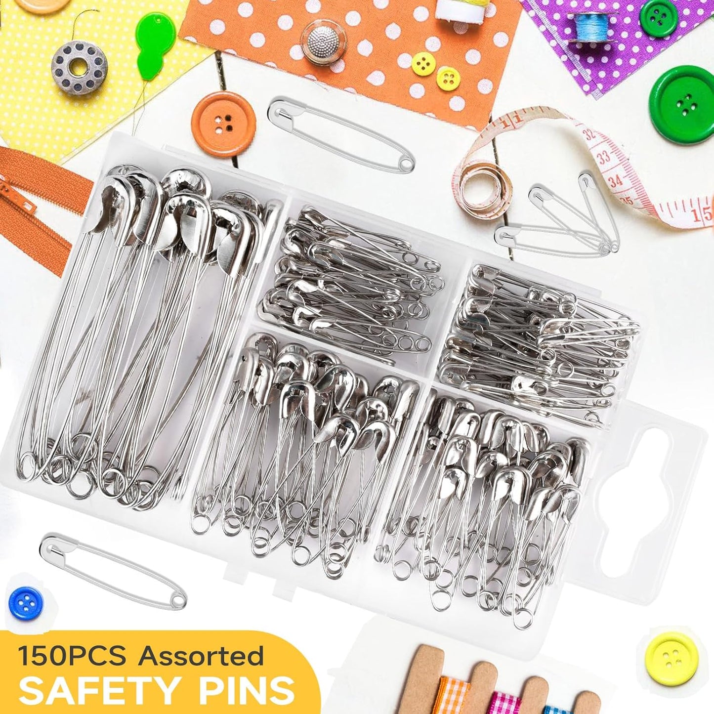Huhuhero 160Pcs Safety Pins, Large & Small Safety Pins for Clothes Sewing Craft, Nickel Plated Steel Assorted Size Pins Bulk, Art and Craft Supplies (Sliver)