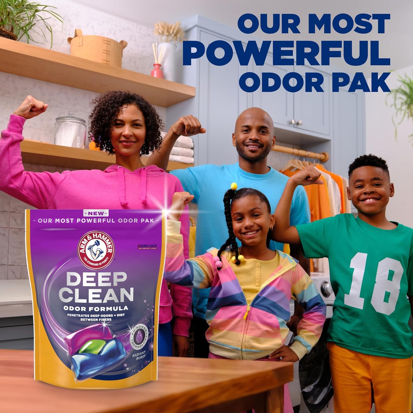 ARM & HAMMER™ Deep Clean Odor Formula Laundry Detergent Power Paks, Laundry Odor Remover, Radiant Burst Scent, 44 Count, 44 Loads