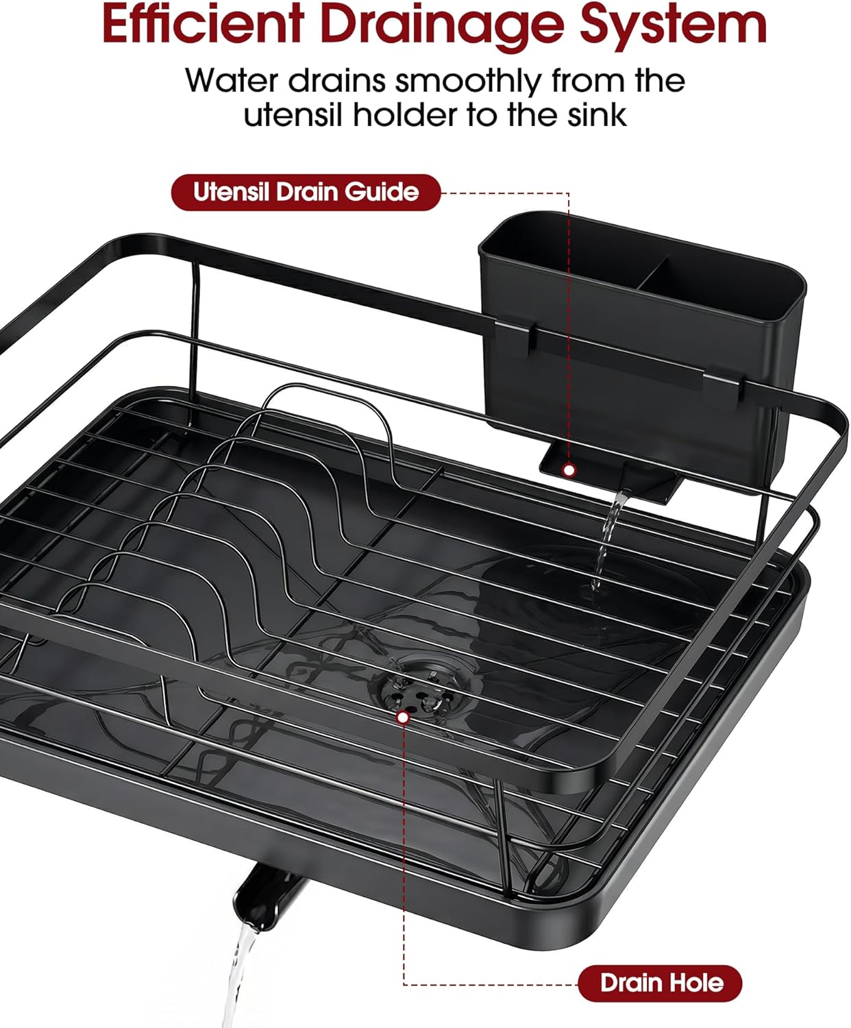 Stainless Steel Dish Drying Rack for Kitchen Counter, Sink Organization and Storage Essentials with Silverware & Utensil Holder, Home and Apartment Decor, 12''W x 15.5''L, Black