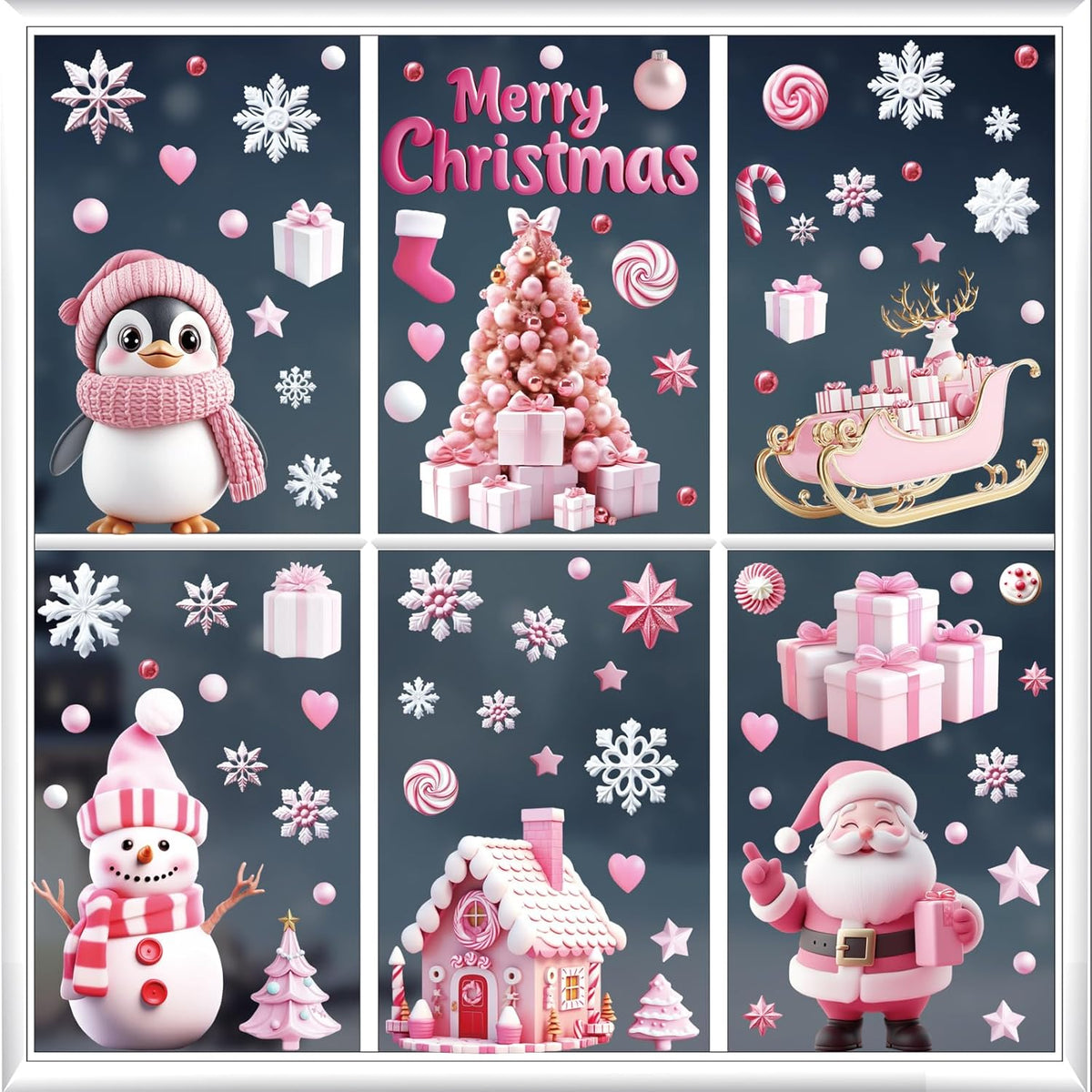 Christmas Window Clings Stickers, 9 Sheets Pink Santa Snowman Penguin Snowflake Christmas Tree Static Decals for Winter Holiday Decoration