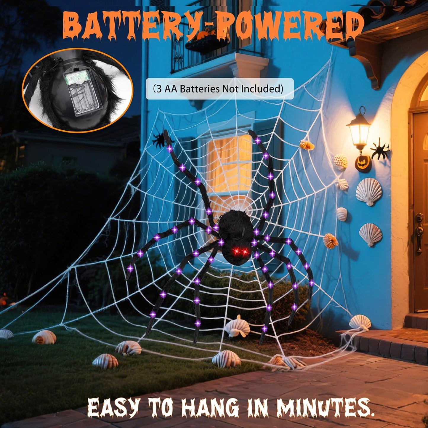 Halloween Decorations Giant Spider - Large Light Up Spider 78IN 44 Purple Lights & 2 Red Eyes, Bendable Metal Legs, 8 Light Modes, Timer - Halloween Decor for Outdoor Yard Party Haunted House