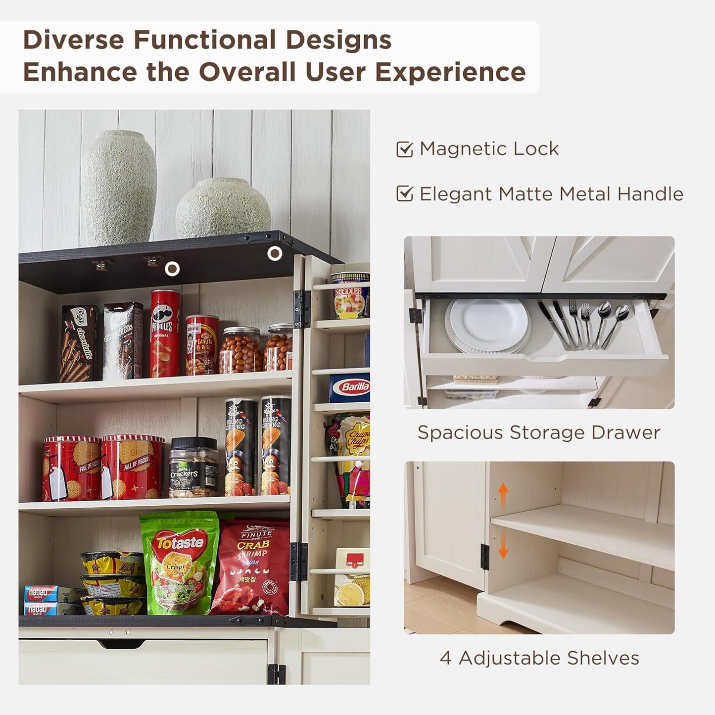 ACCOHOHO 72" Tall Kitchen Pantry, Farmhouse Storage Cabinet with Barn Doors, Organizer, Drawer and Adjustable Shelves, Rustic Wood Cupboard for Kitchen, Dining Room, Bathroom, Off White