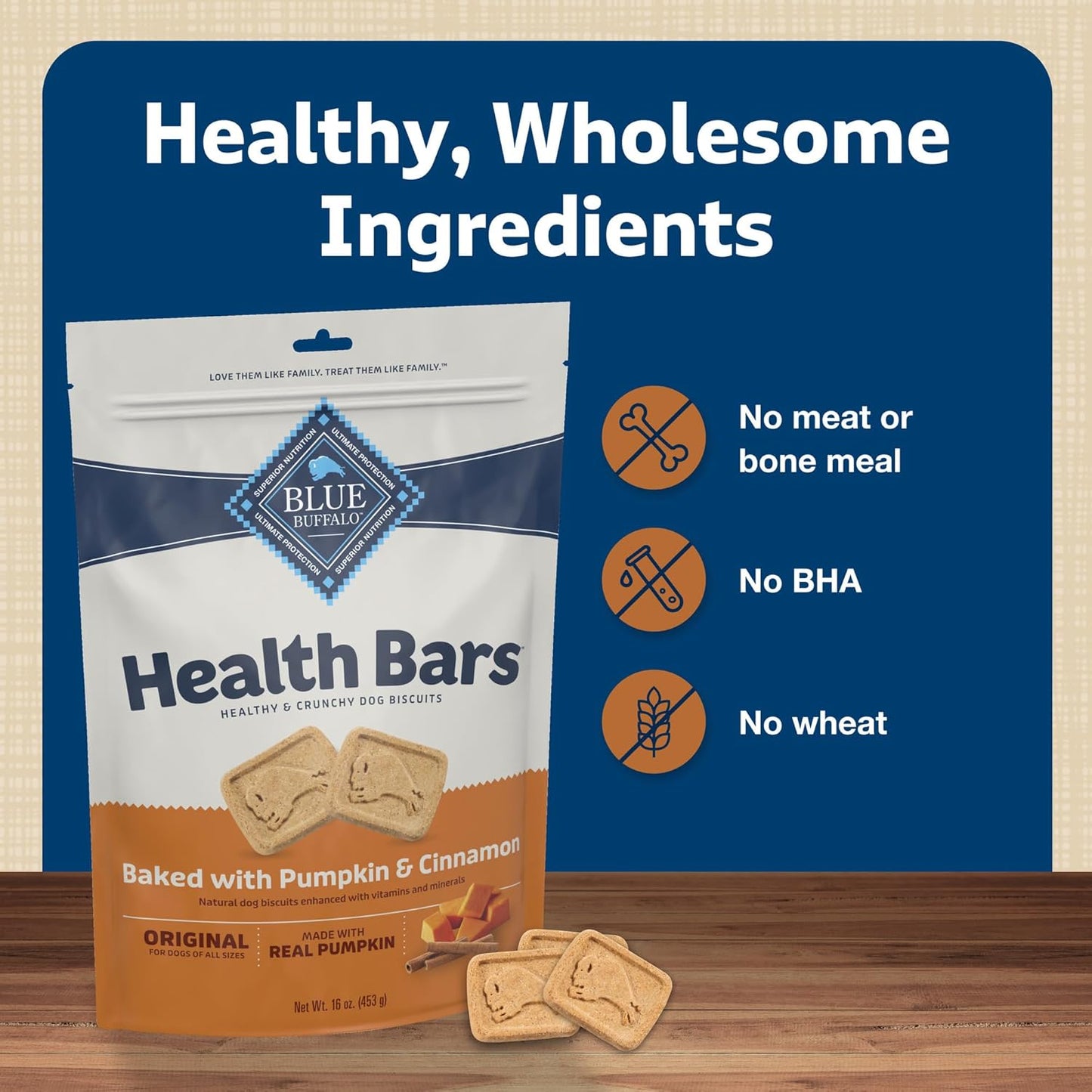Blue Buffalo Health Bars Crunchy Dog Biscuits, Oven-Baked With Natural Ingredients, Pumpkin & Cinnamon, 16-oz Bag