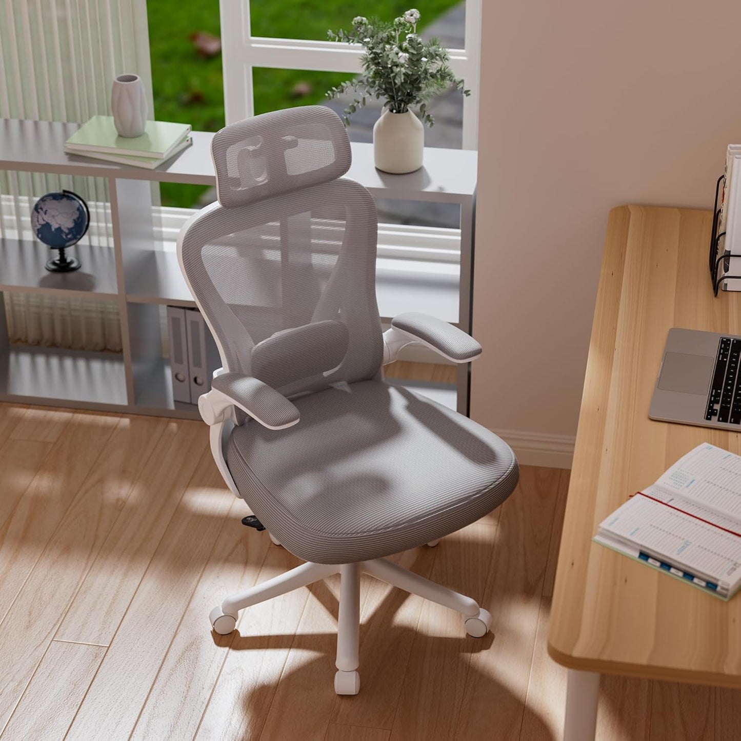 Computer Desk Chair, Ergonomic Office Chair M903 with Wheels, High Back Mesh Office Chair with Adjustable Lumbar Support, Headrest, Flip-Up Armrests, Withe Grey
