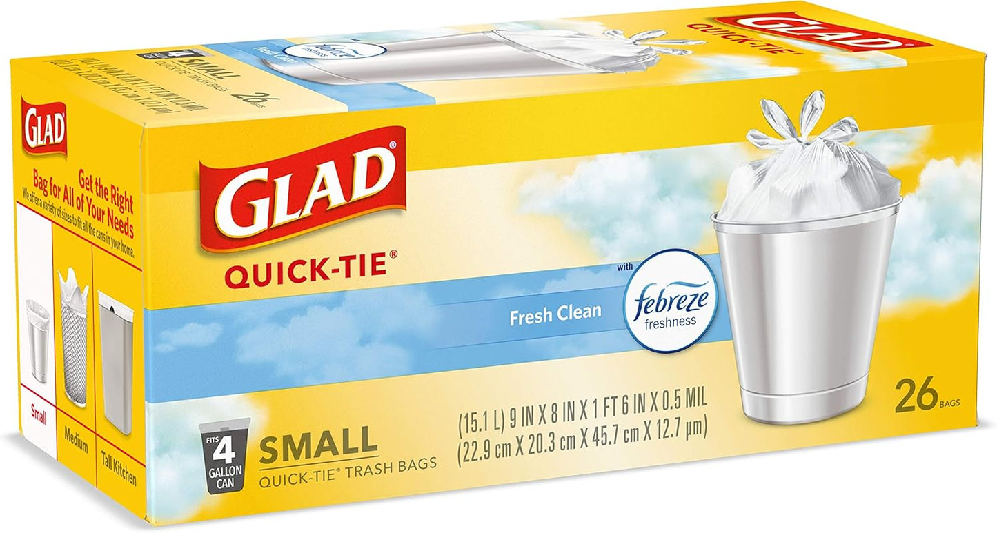 Glad Small Trash Bags 4 Gallon, Febreze Fresh Clean Garbage Bags, Odor Resistant with Quick Tie, 26 Count