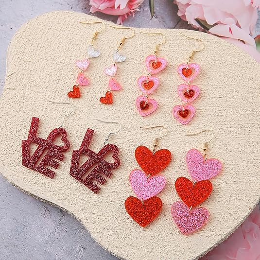 4 Pairs Valentine's Earrings for Women Love Heart Dangle Earrings Valentines Gifts for Wedding Decoration Valentine's Jewelry