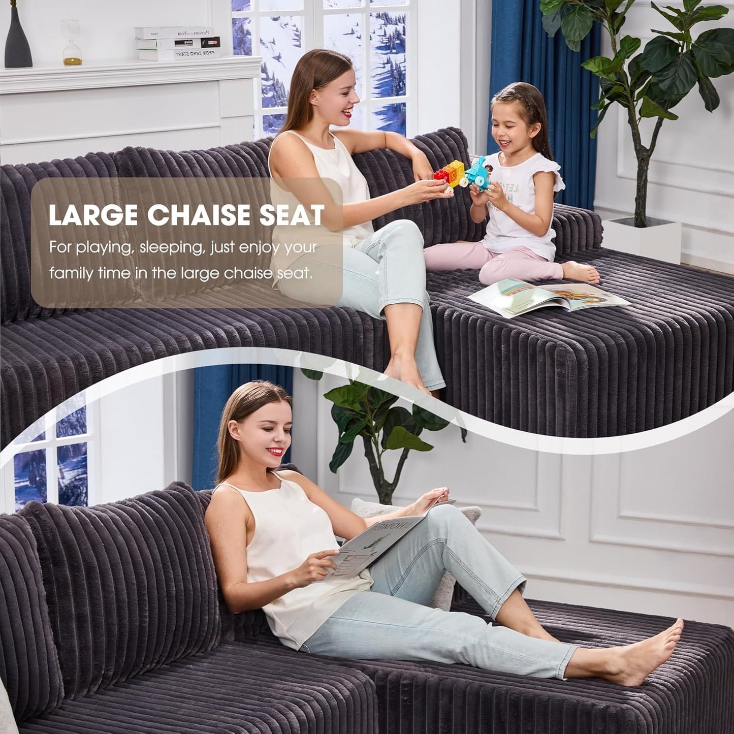 Modular Sectional Sofa Couches L-Shape Couch 3 Seat Modular Sofa Memory Foam Sectional Couches for Living Room, Cloud Couch with Oversized Chaise (Grey Stripe, 96" Right Facing Chaise) | modular