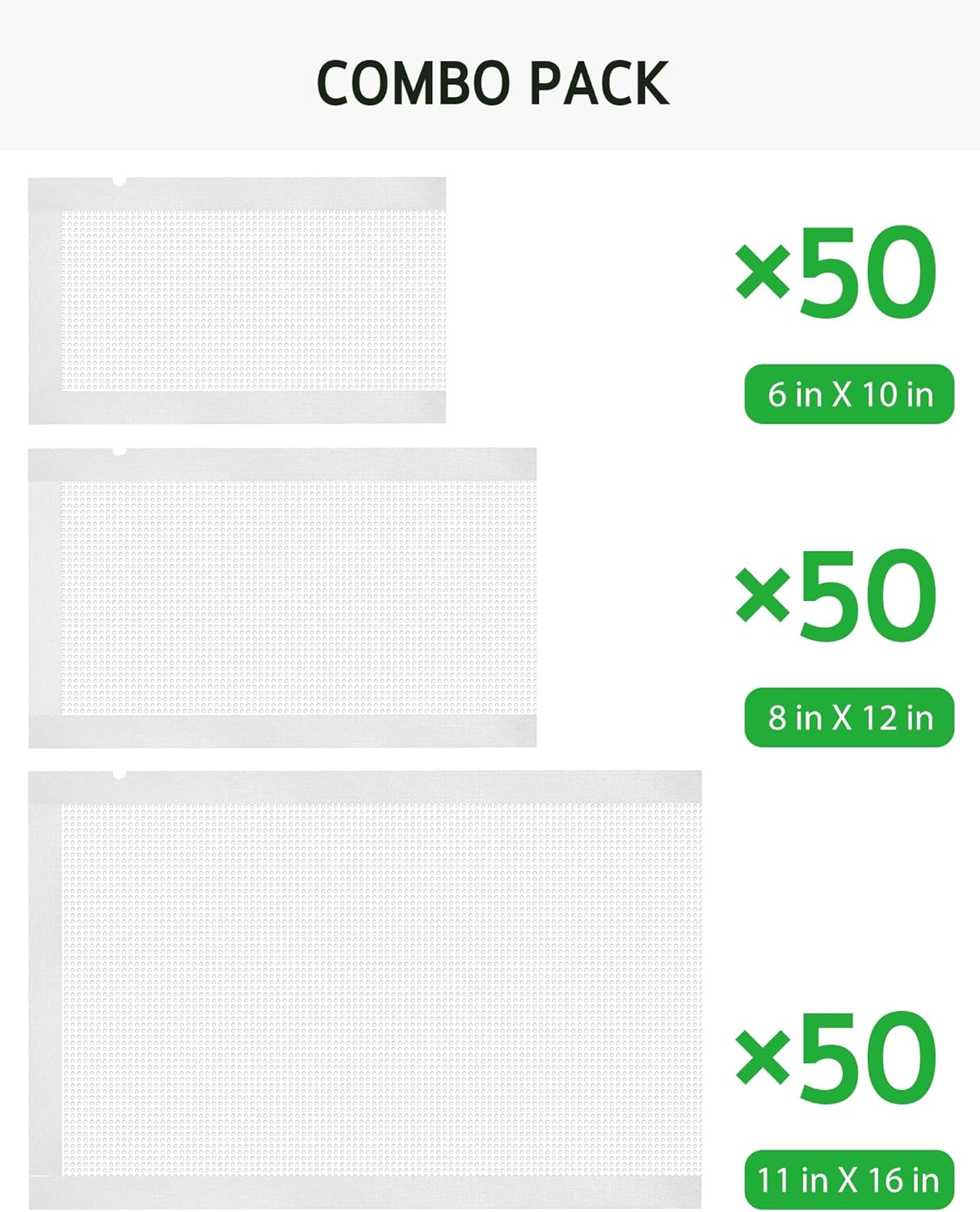 Syntus Vacuum Sealer Bags, 150 Gallon 11" x 16" and Quart 8" x 12" and Pint 6" x 10" Commercial Grade PreCut Bag, BPA Free Food Vac Bags for Storage, Meal Prep or Sous Vide