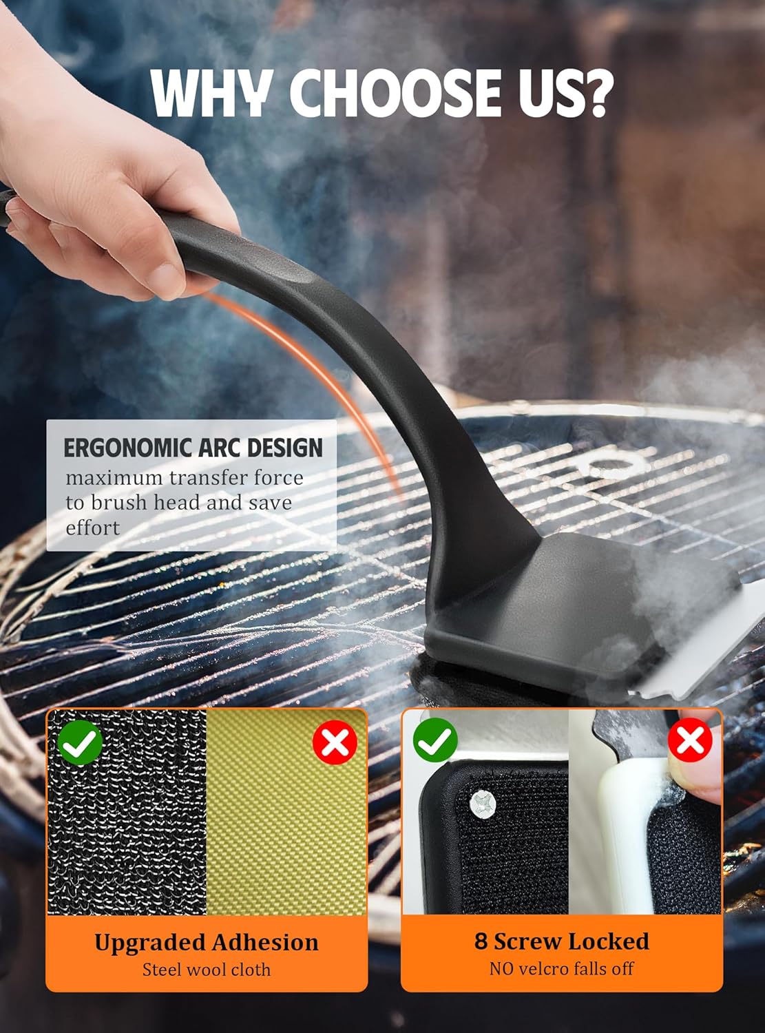 MEKER Grill Brush Bristle Free, Grill Cleaner Brush with 5 BBQ Replacement Head for Cast Iron, Stainless Steel Grates, Safe Grill Scraper Outdoor BBQ Grill, Black