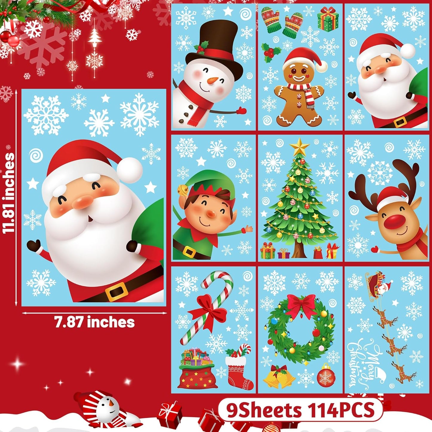 144 PCS Christmas Window Clings, Snowflake Window Clings for Stickers for Glass, Christmas Decorations Decals for Snowman Santa Claus Tree Reindeer Elf Winter Party Accessories Supplies Decor