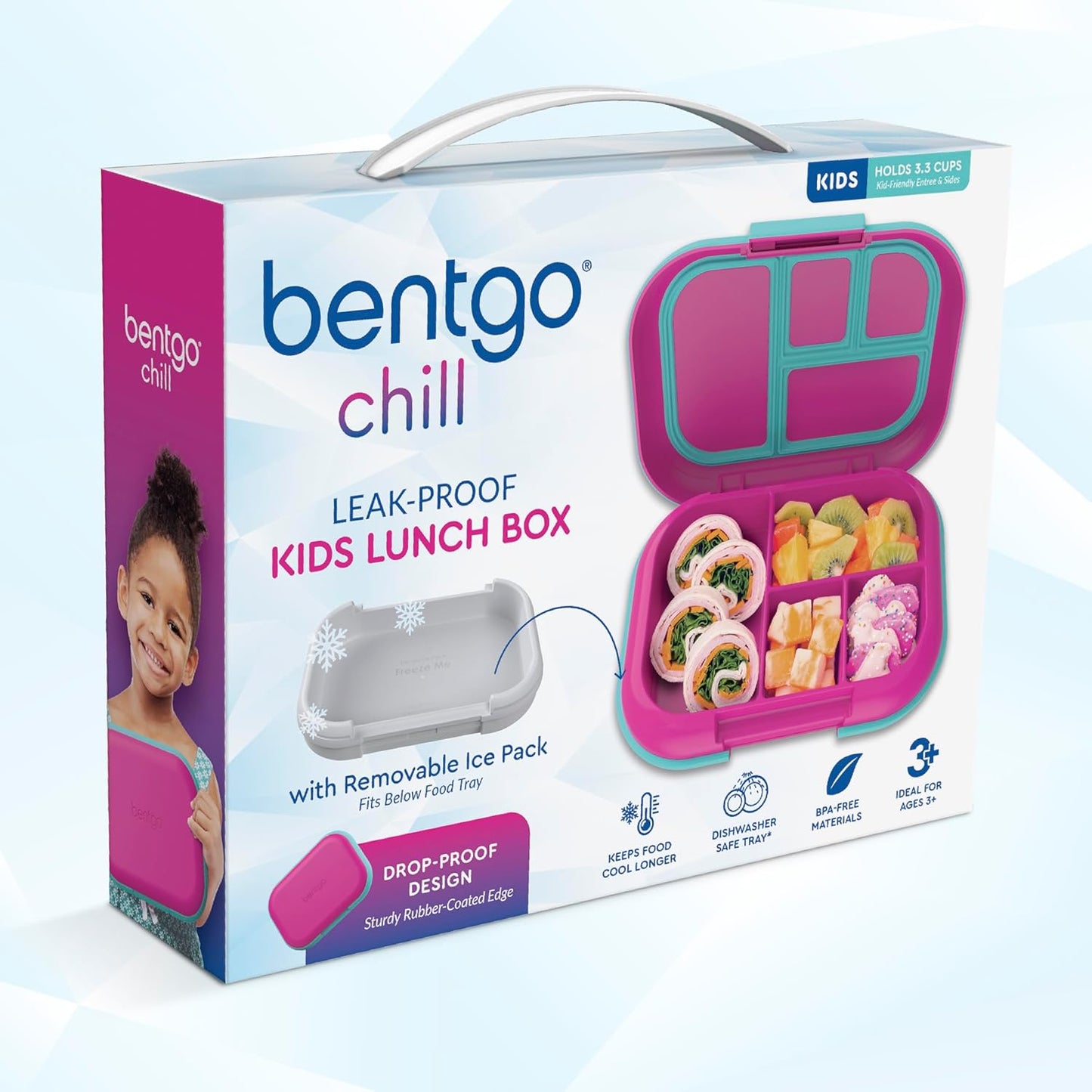 Bentgo Chill Kids Leak-Proof Lunch Box - 4-Compartment Bento Box with Built-In Ice Pack, 3.3 Cup Capacity, PFAS & BPA-Free, Microwave & Dishwasher Safe, Ideal Size for Ages 3 to 7 (Fuchsia/Teal)