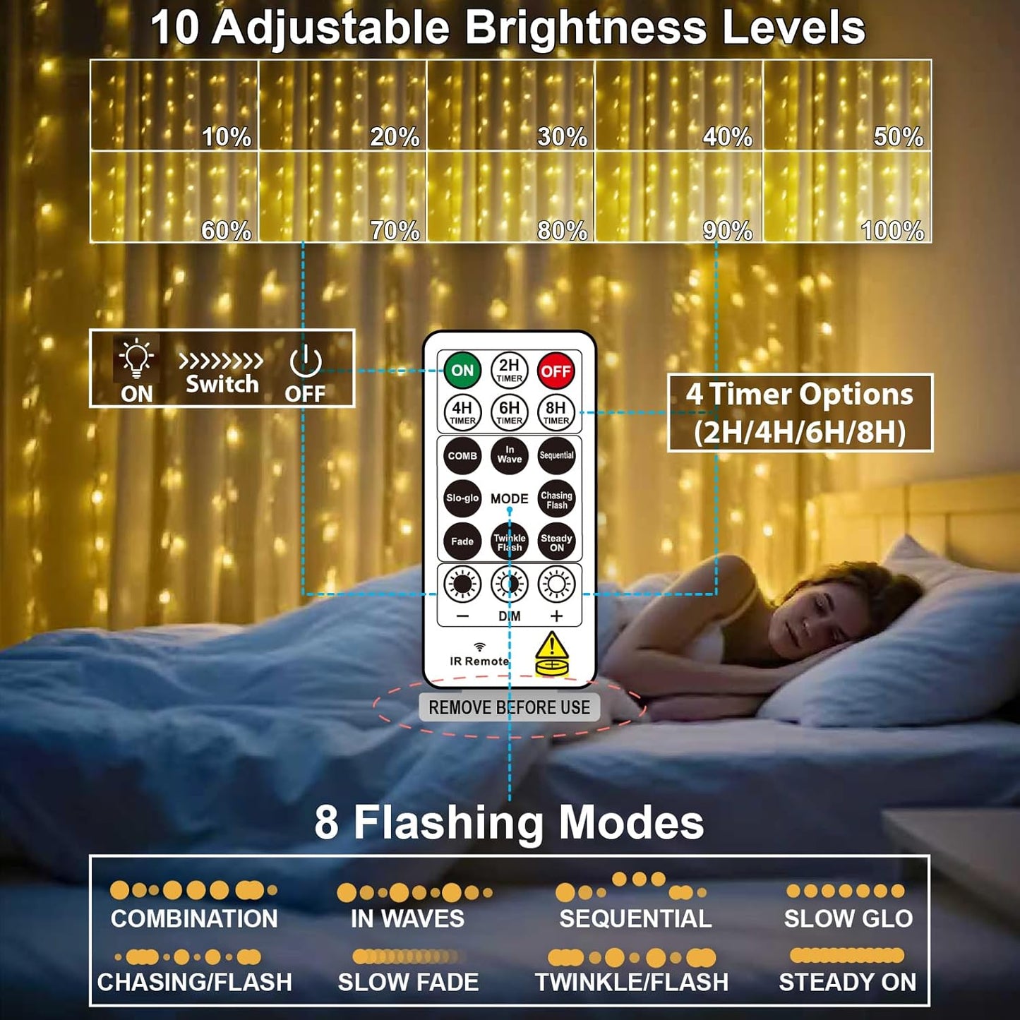 HXWEIYE 300LED Fairy Curtain Lights, 9.8x9.8Ft Warm White USB Plug in 8 Modes Christmas String Hanging Lights with Remote for Bedroom, Indoor, Outdoor, Weddings, Party