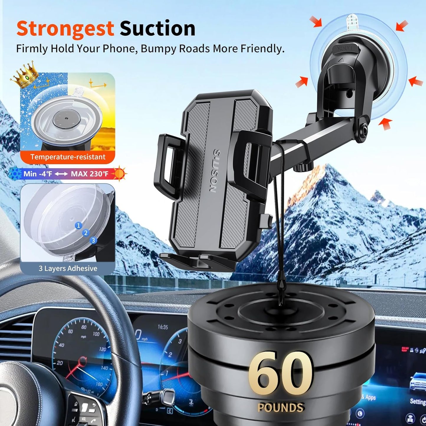 Upgraded 3-in-1 Car Phone Holder Mount Powerful Suction Phone Mount for Car Dashboard Air Vent Windshield,for All iPhone Android Phone (Black)