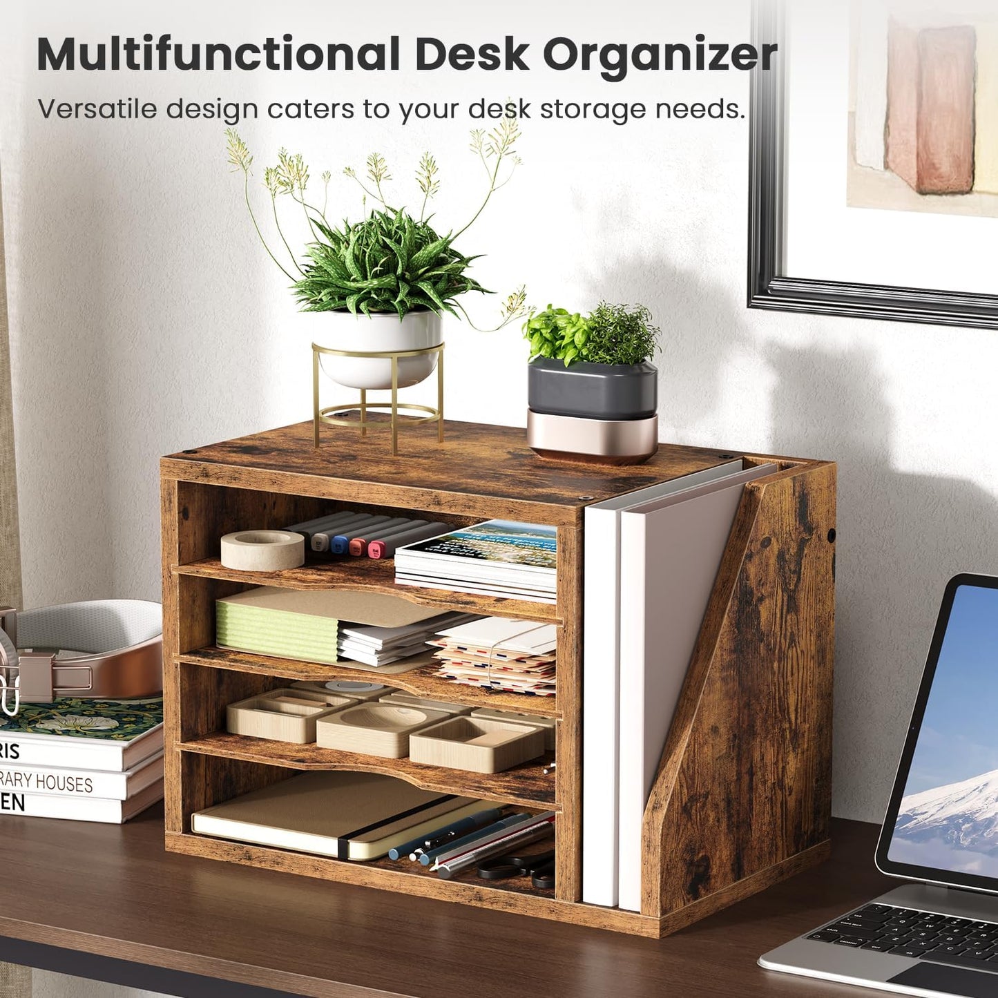 File Organizer Desktop, Wood Desk Organizer with 3 Adjustable Shelves, Mail Paper Sorter for Office, Home, File Holders for Envelopes, Mail Supplies or Magazines, Rustic Brown