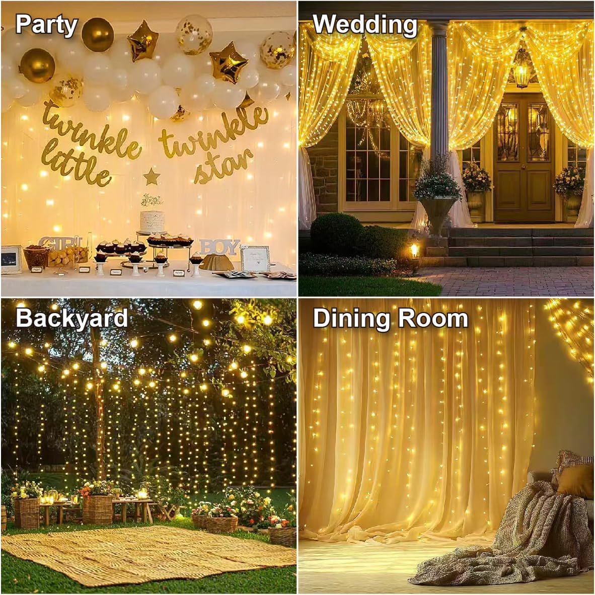 HXWEIYE 300LED Fairy Curtain Lights, 9.8x9.8Ft Warm White USB Plug in 8 Modes Christmas String Hanging Lights with Remote for Bedroom, Indoor, Outdoor, Weddings, Party